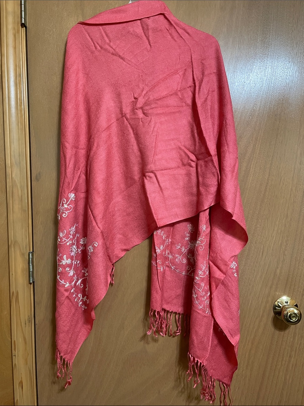 Embroidered Pink Women's Shawl Wrap with Fringe